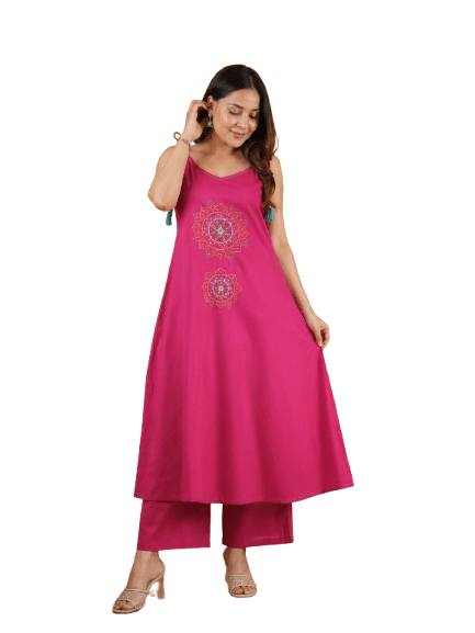 Pink A-line Knot-Sleeves with Mandala Embroidery 