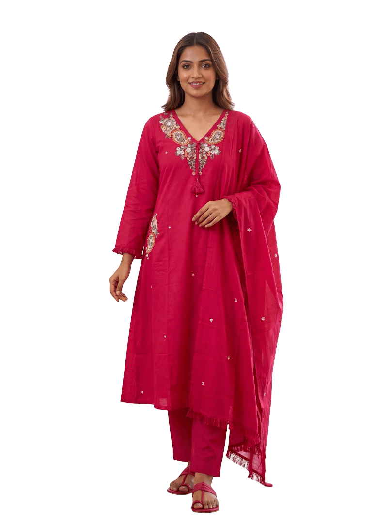 Hot Pink A-line with Embroidered Yoke and Pockets 