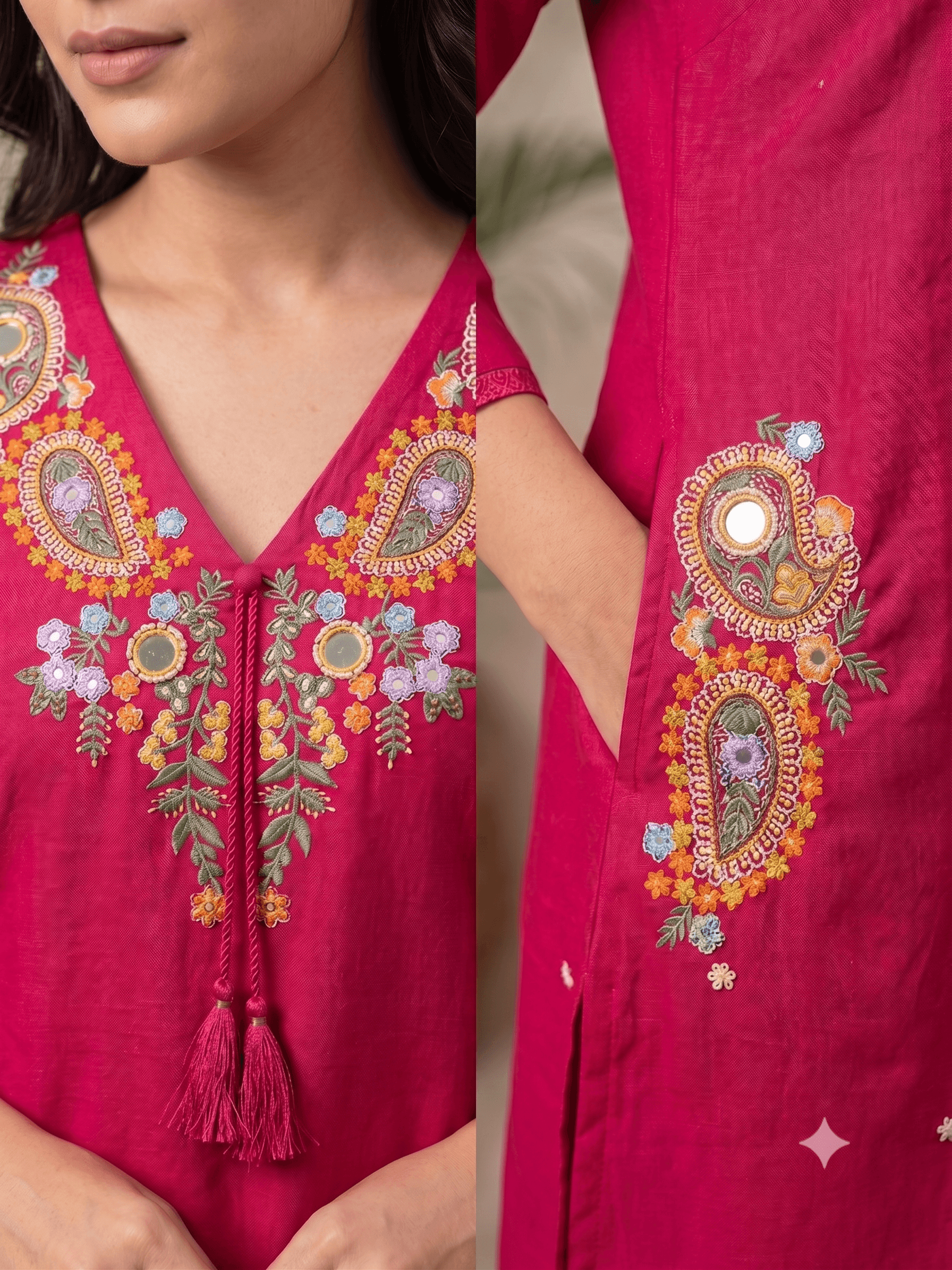 Hot Pink A-line with Embroidered Yoke and Pockets  thumbnail 2