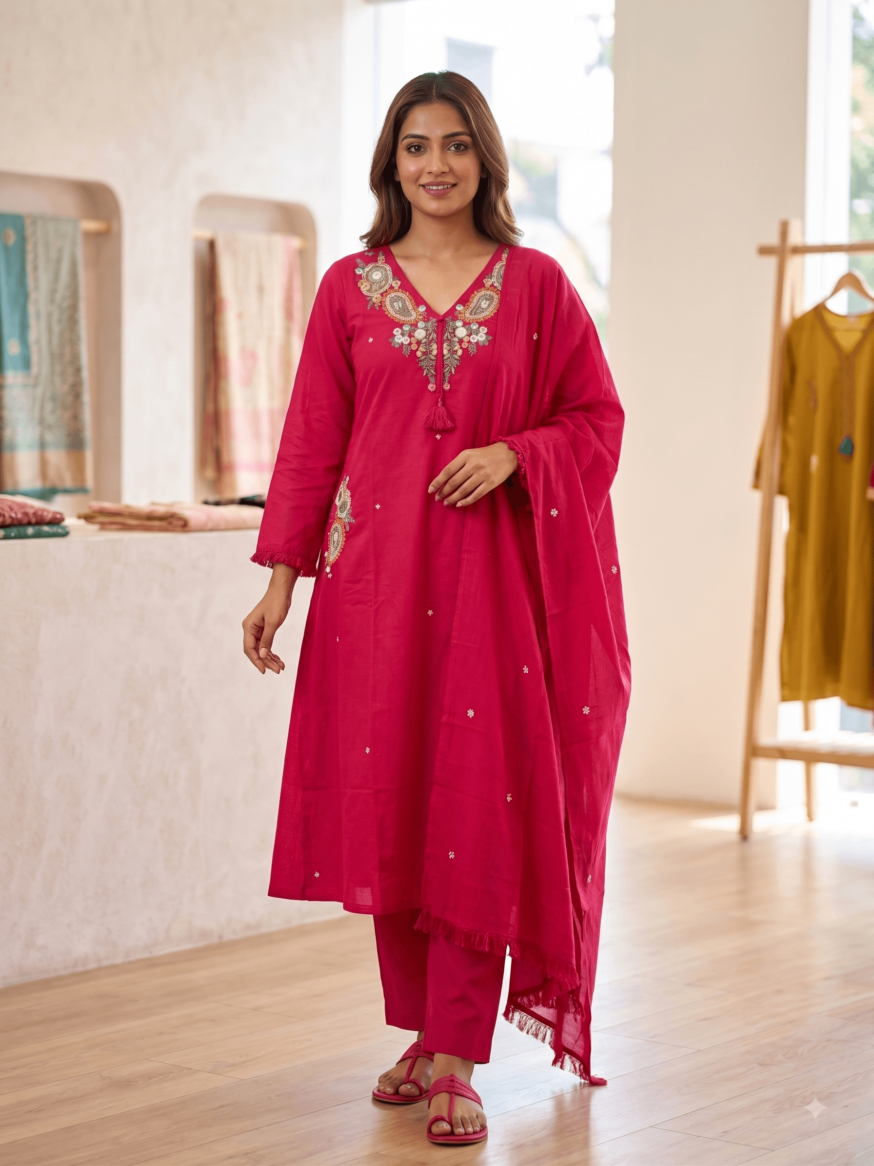 Hot Pink A-line with Embroidered Yoke and Pockets  thumbnail 3