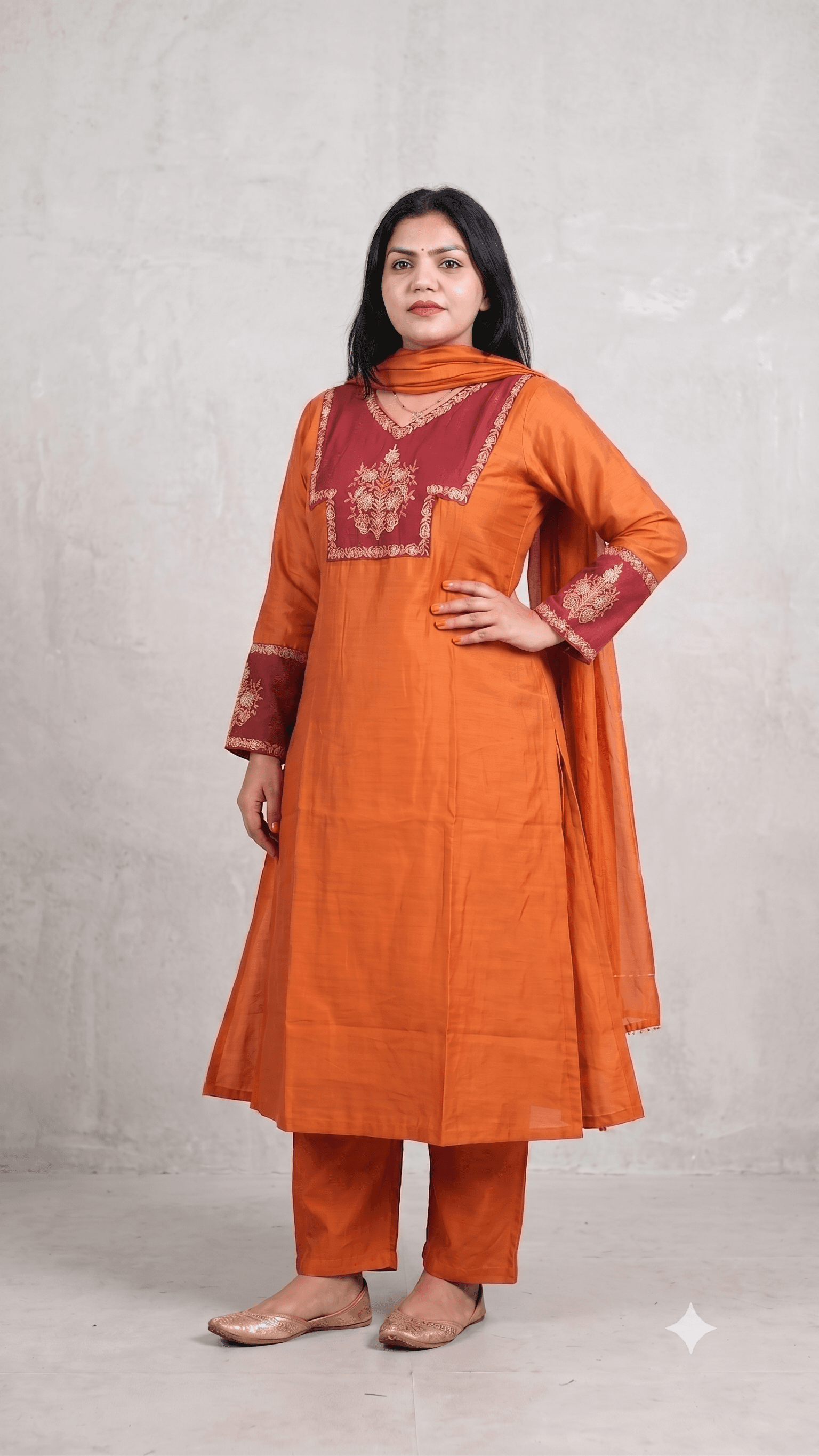 Orange A-line Set with Embroidered pink Yoke and Sleeves 