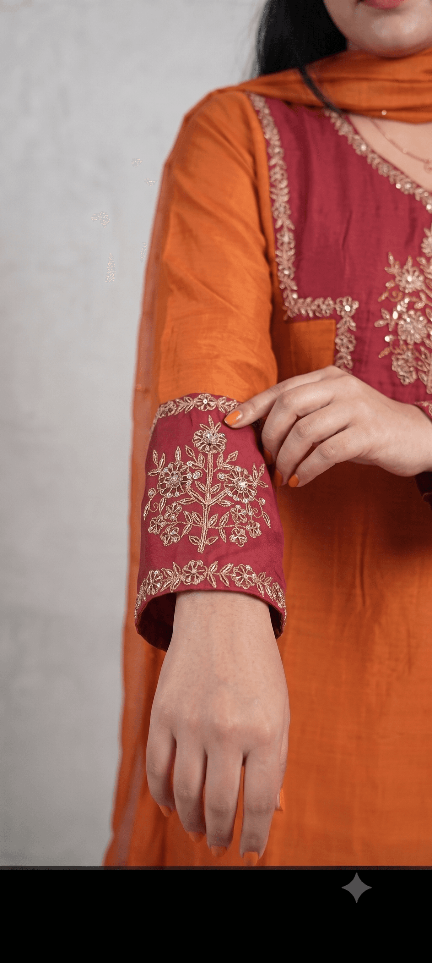 Orange A-line Set with Embroidered pink Yoke and Sleeves  thumbnail 2