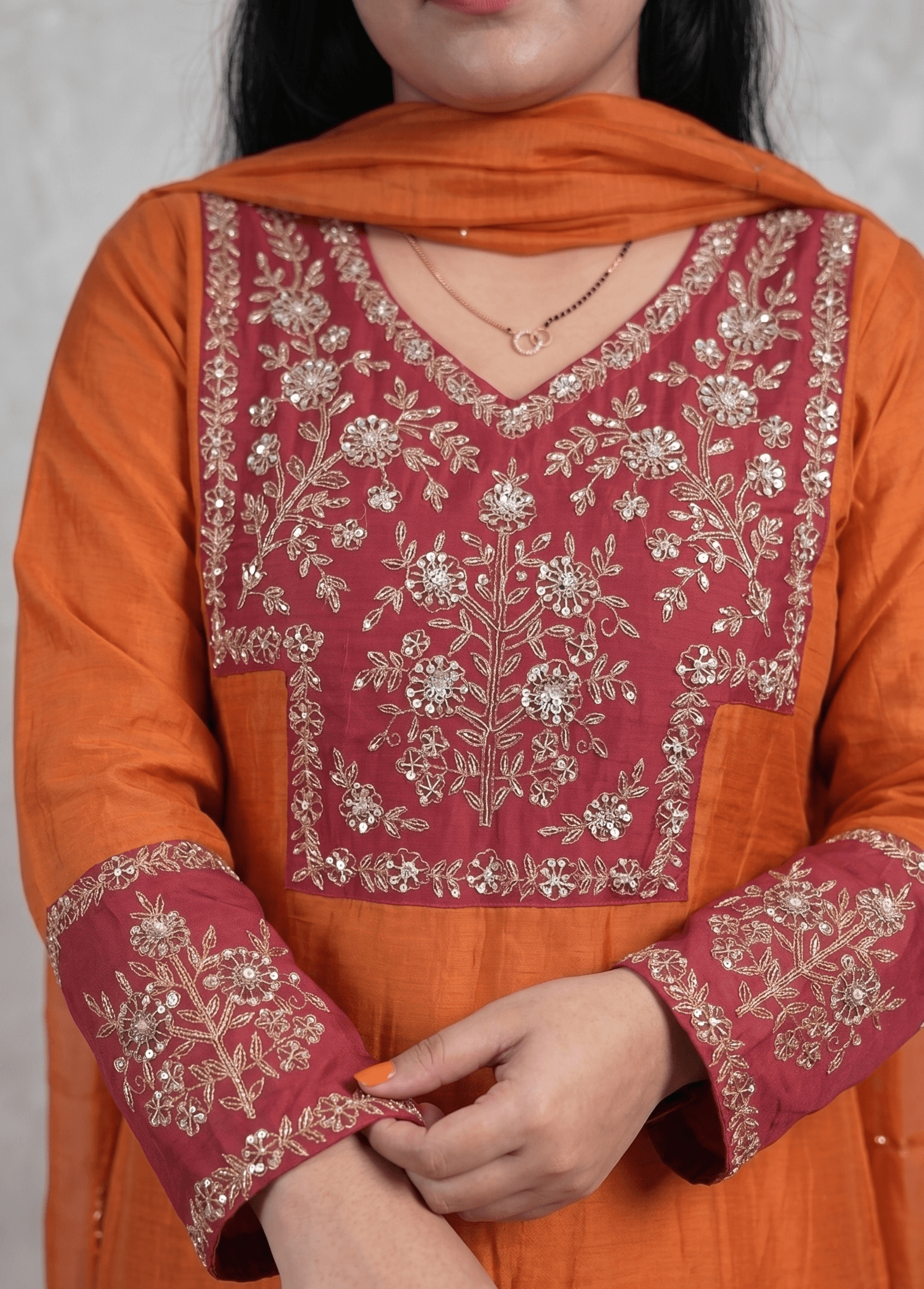 Orange A-line Set with Embroidered pink Yoke and Sleeves  thumbnail 3