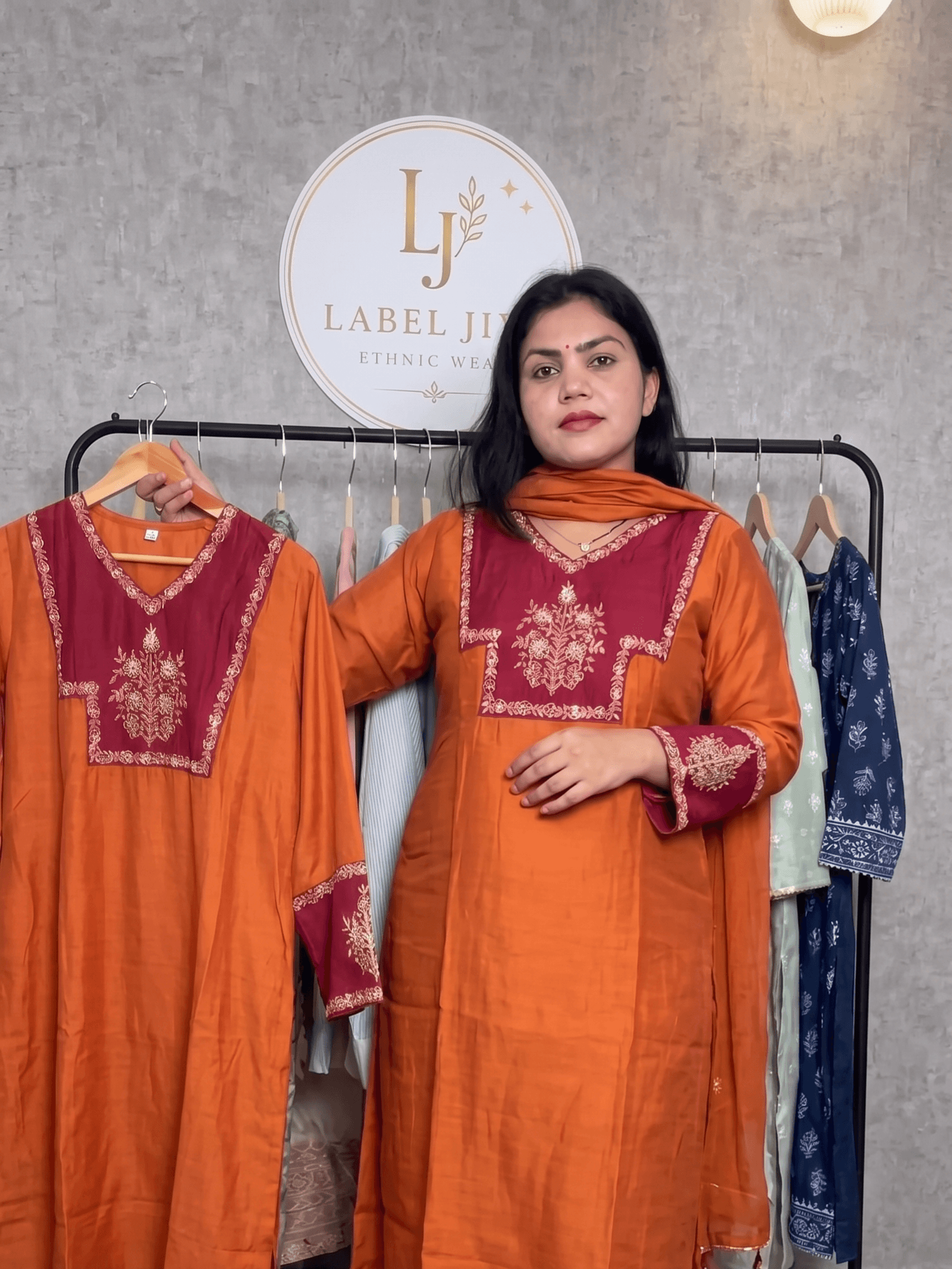 Orange A-line Set with Embroidered pink Yoke and Sleeves  thumbnail 4