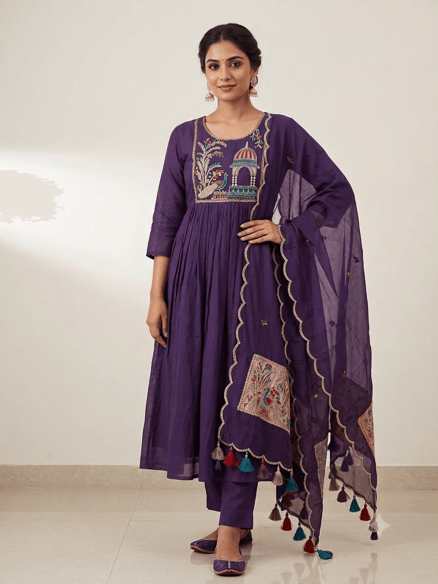 Purple A-line Set with Embroidered Yoke and Heavy Dupatta 