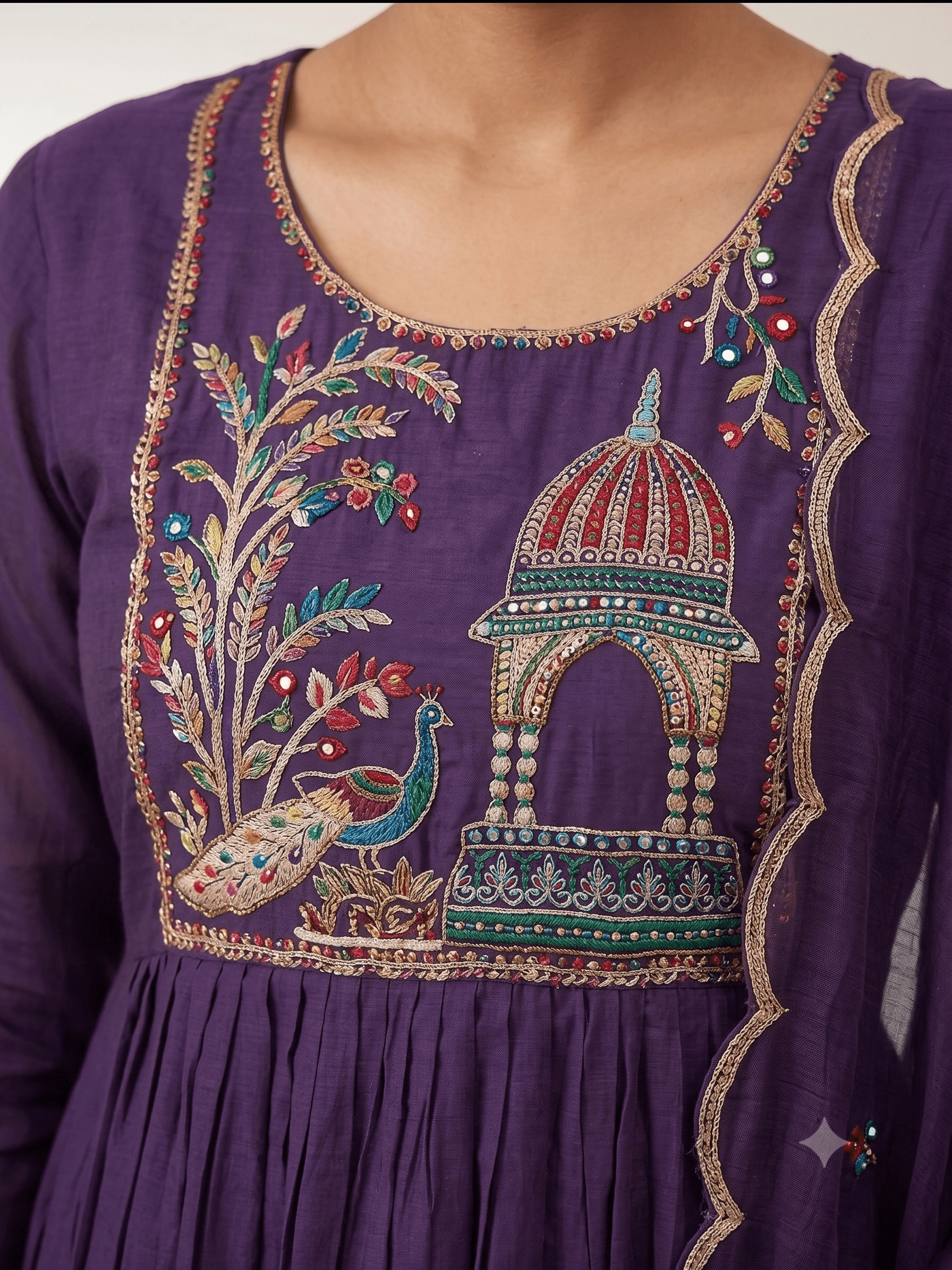 Purple A-line Set with Embroidered Yoke and Heavy Dupatta  thumbnail 2