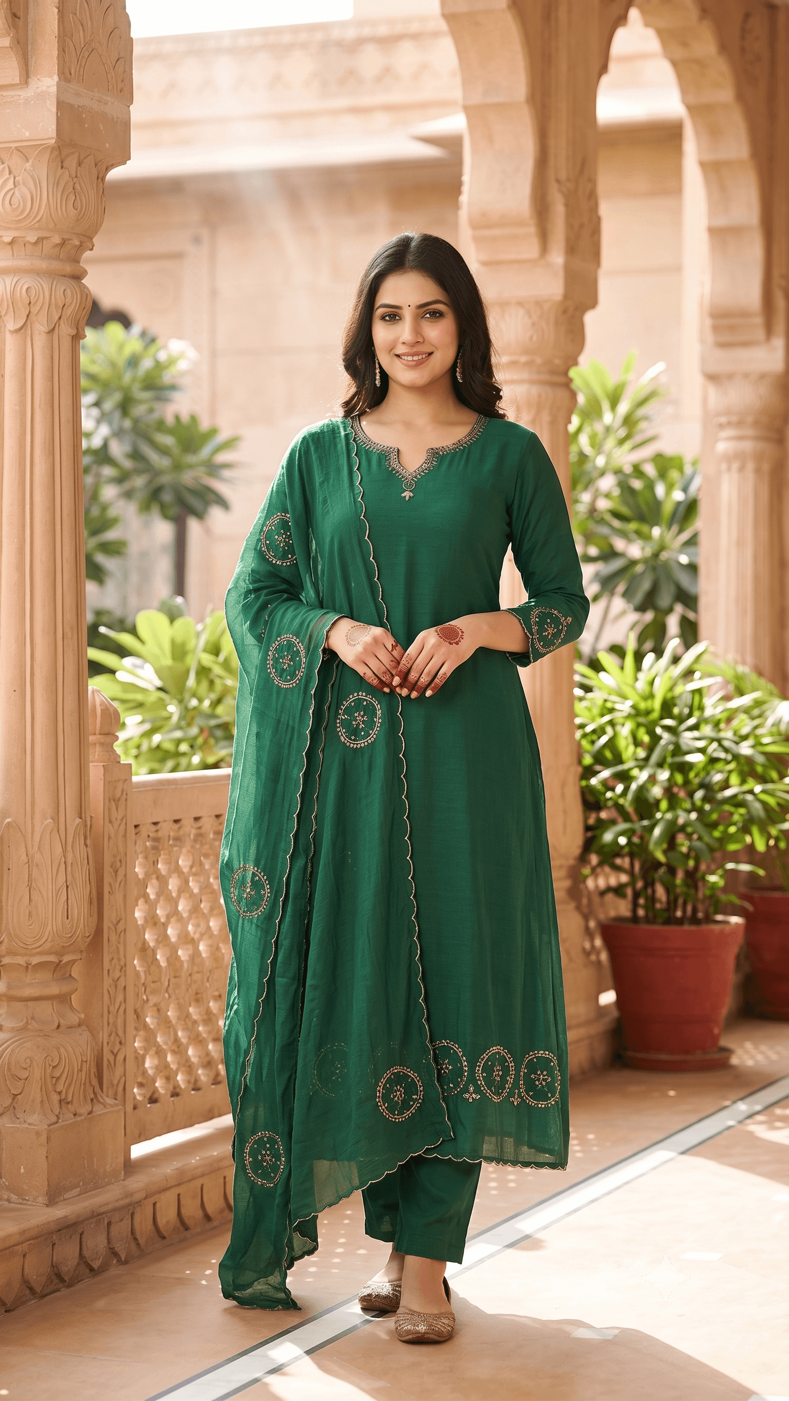 Green A-line Set with Embroidered yoke and Dupatta