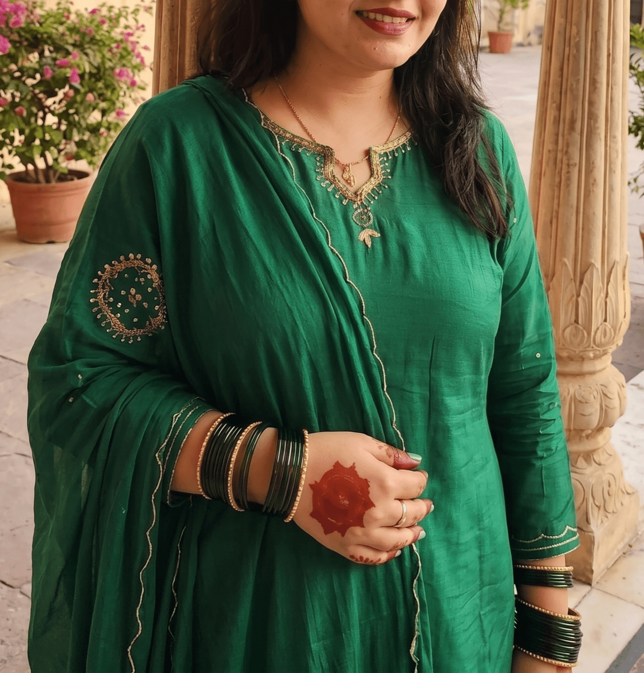 Green A-line Set with Embroidered yoke and Dupatta thumbnail 2